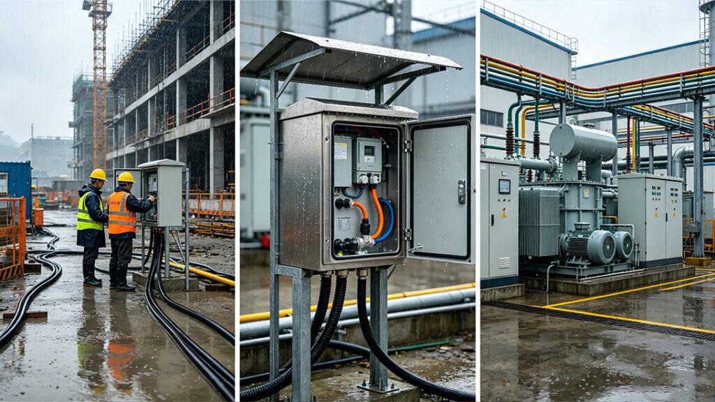 Bảo vệ an toàn điện trong mùa mưa: Các biện pháp thiết thực nhằm ngăn ngừa rò rỉ điện và đoản mạch tại công trường xây dựng và cơ sở công nghiệp 7 1 Tủ phân phối điện ngoài trời