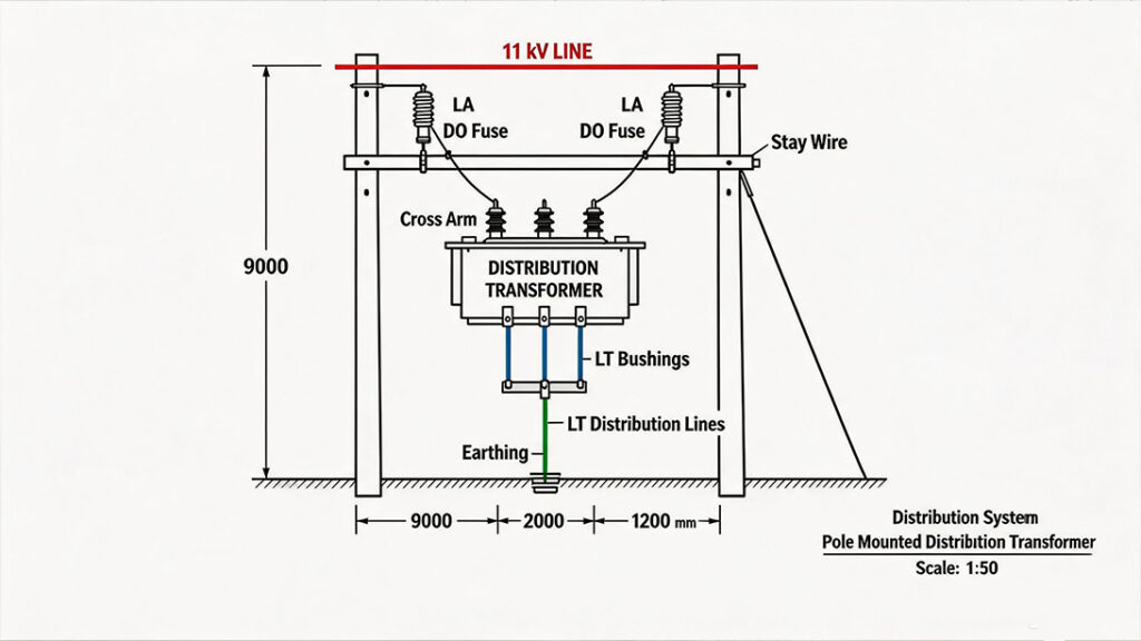 Selection and Design Scheme for 11kV/0.4kV Pole-Mounted Distribution Transformers for Rural Electrification Projects in Africa 8 2 Structural diagram of an 11kV 0.4kV pole mounted transformer system