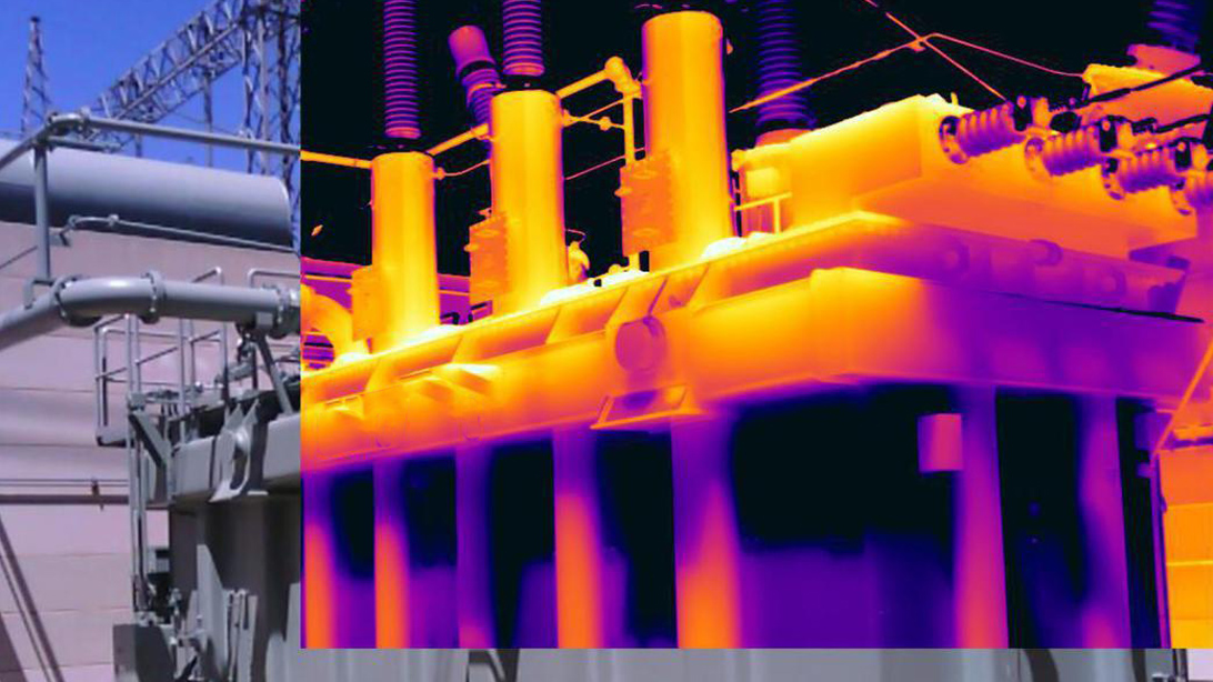 Transformer thermography illustration with thermal colours over tank surfaces and bushings