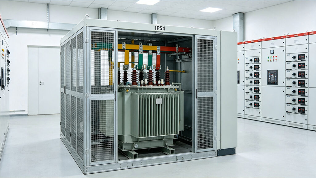 Hướng dẫn lựa chọn máy biến áp cho các dự án công nghiệp tại Trung Đông: Kinh nghiệm thực tế trong môi trường nhiệt độ cao, sương muối và bụi bặm 10 4 Máy biến áp khô IP54 cho phòng phân phối điện