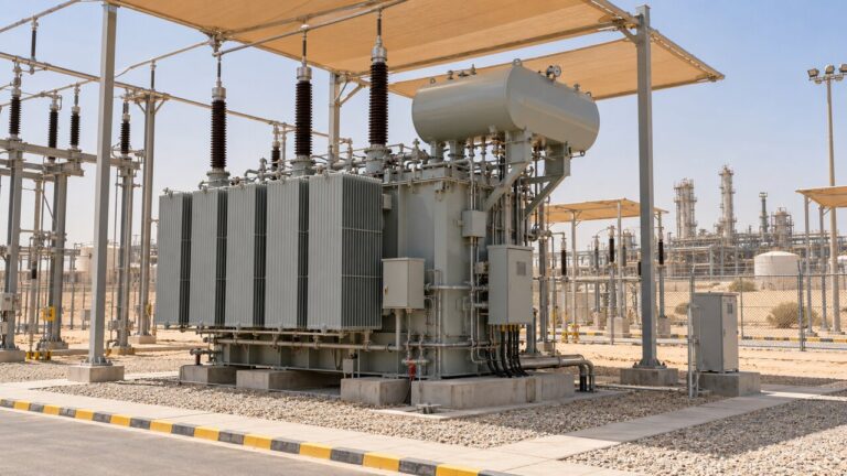 33kV oil-immersed transformer with radiators and conservator at an arid Gulf industrial substation