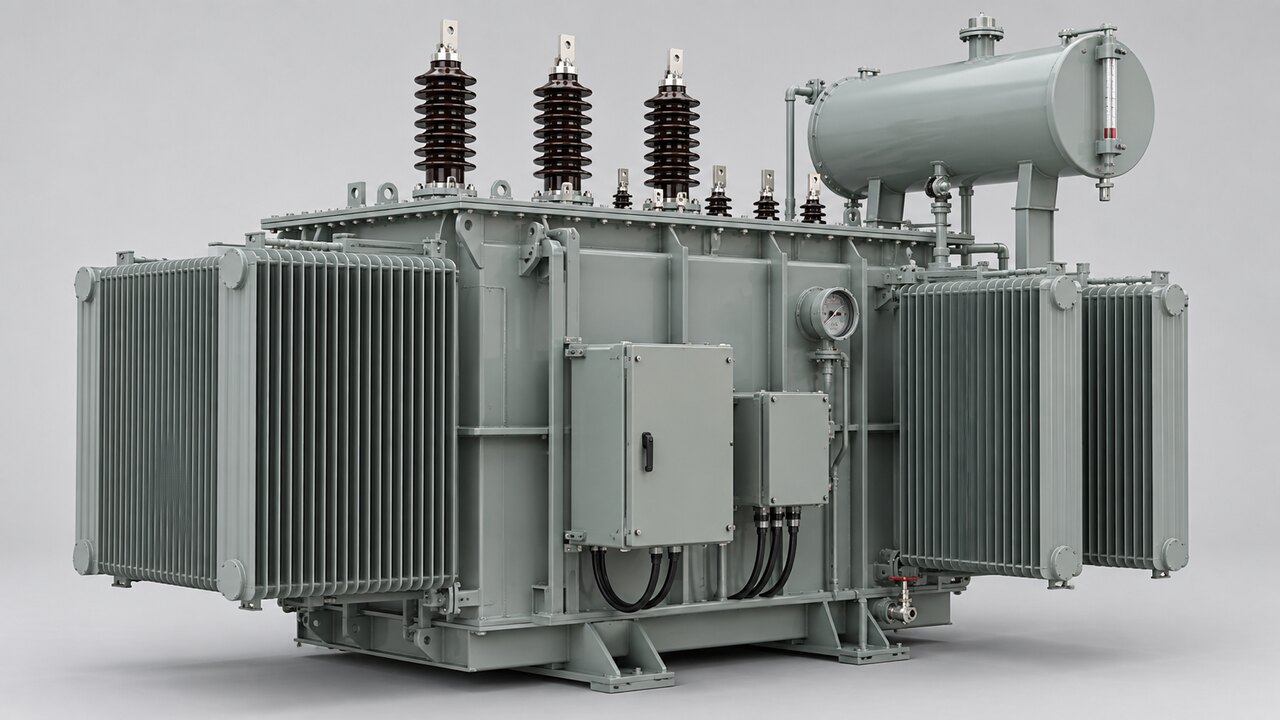 33kV Oil-Immersed Transformer External Layout Three-quarter view of a 33kV oil-immersed transformer with radiators, conservator, cable boxes and bushings
