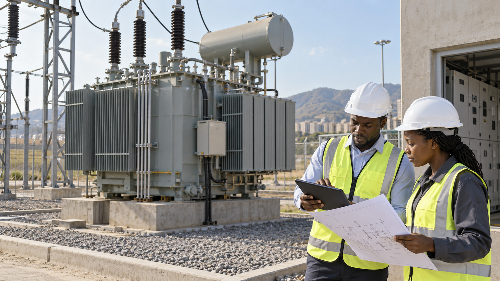 Engineers reviewing transformer voltage test results during factory acceptance testing