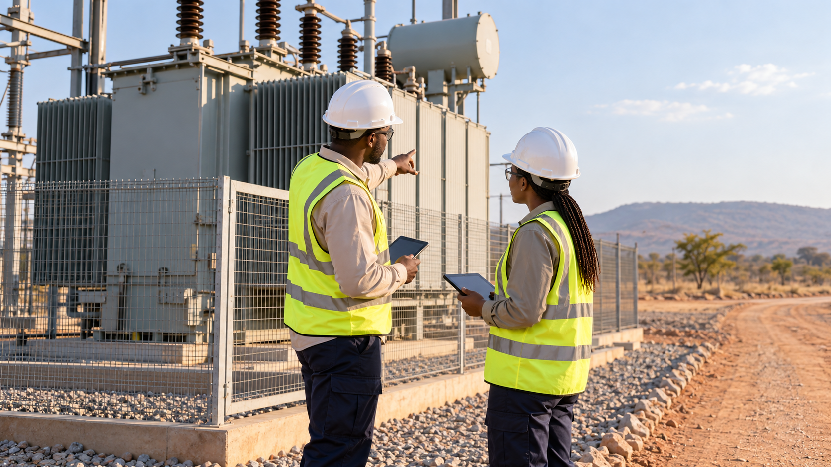 Transformer Site Interface Review Engineers reviewing a fenced transformer installation beside a dry access road