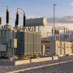 AI illustration of an Argentina wind farm substation with an oil-immersed step-up transformer and distant wind turbines