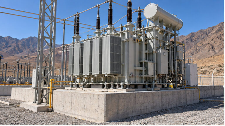 Industrial power transformer on an outdoor foundation with dry foothills in the background
