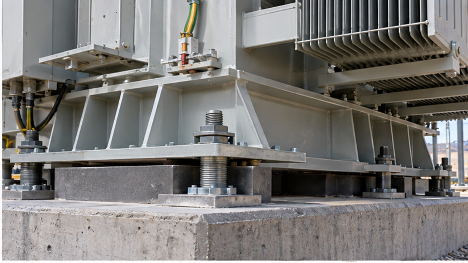 Transformer anchor and base plate detail Close view of transformer skid base plate, anchor rods and concrete support