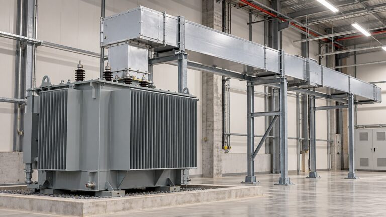 Transformer and separately supported bus duct in an industrial plant