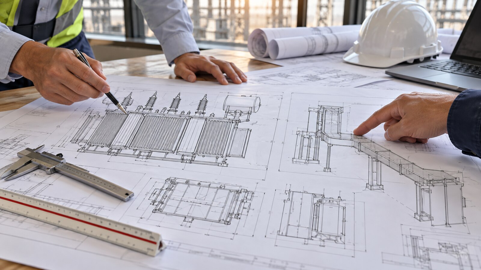 Coordinated bus duct interface drawings Engineers comparing transformer general arrangement with bus duct connection drawings
