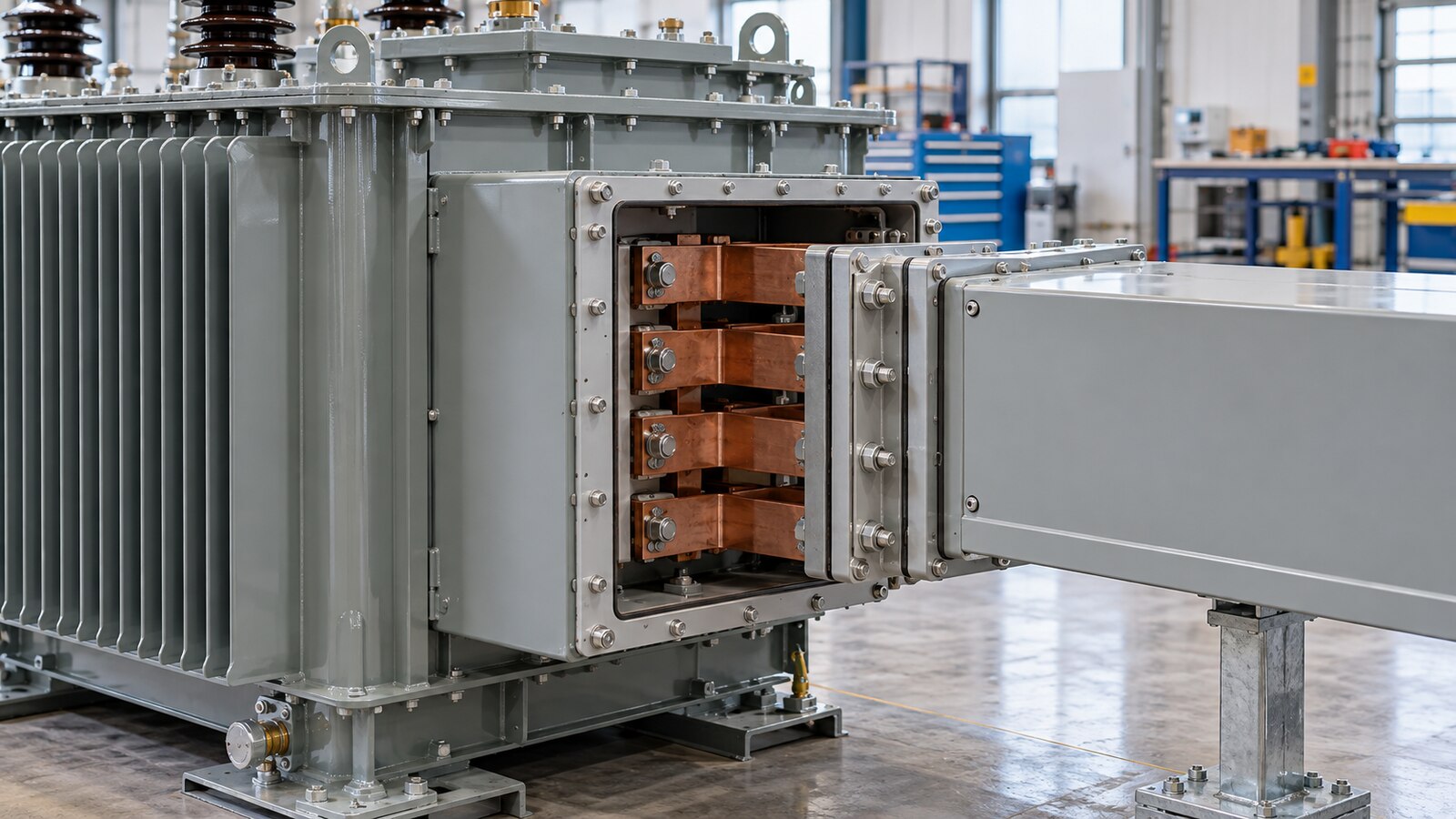 Transformer and bus duct flange inspection Transformer terminal enclosure and bus duct flange arranged for interface inspection