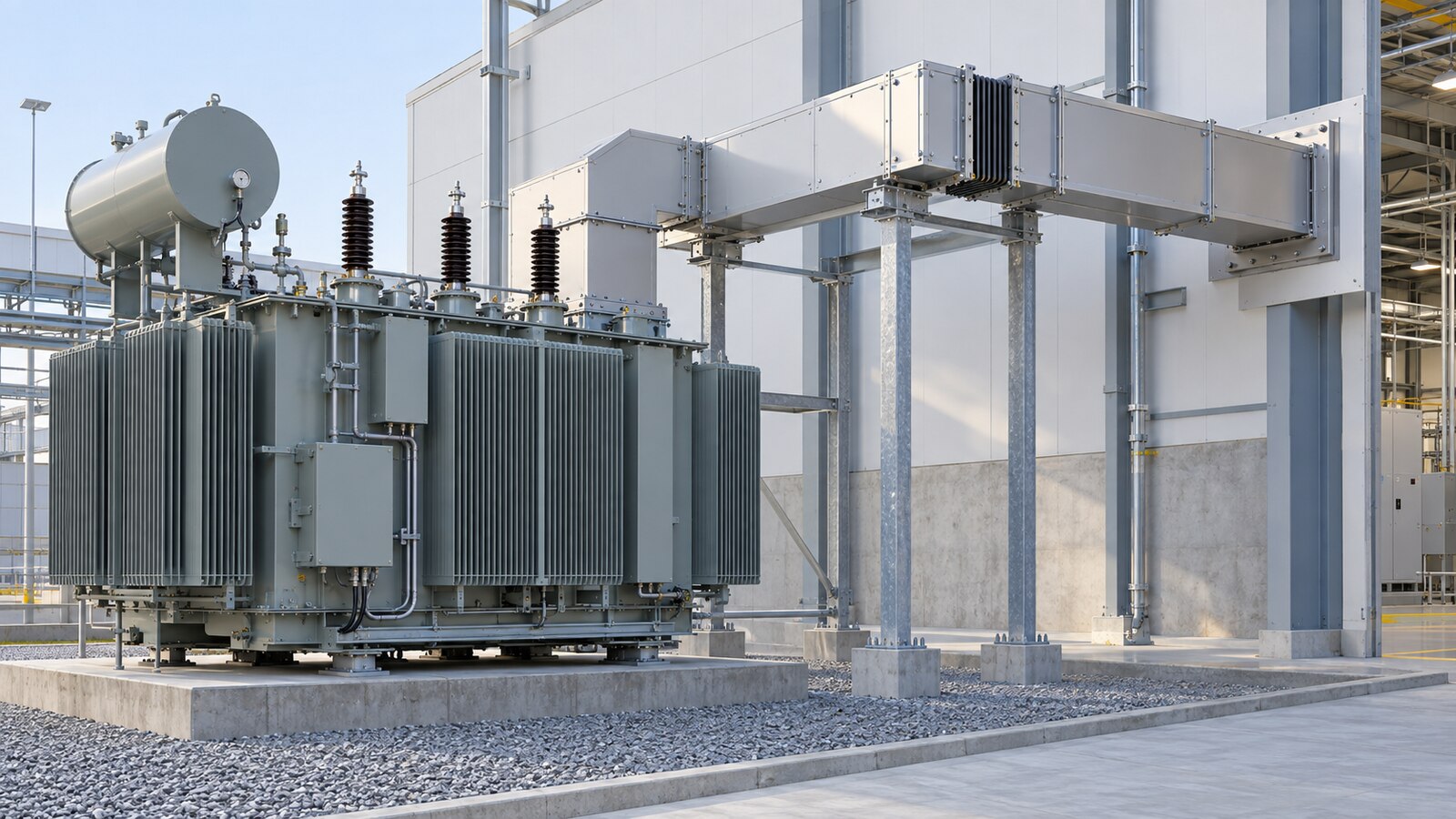 Bus duct support and expansion route Separately supported enclosed bus duct leading from a transformer in an industrial plant
