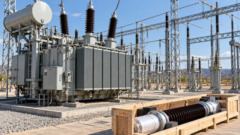 Oil-immersed transformer with a protected spare bushing in a shipping crate