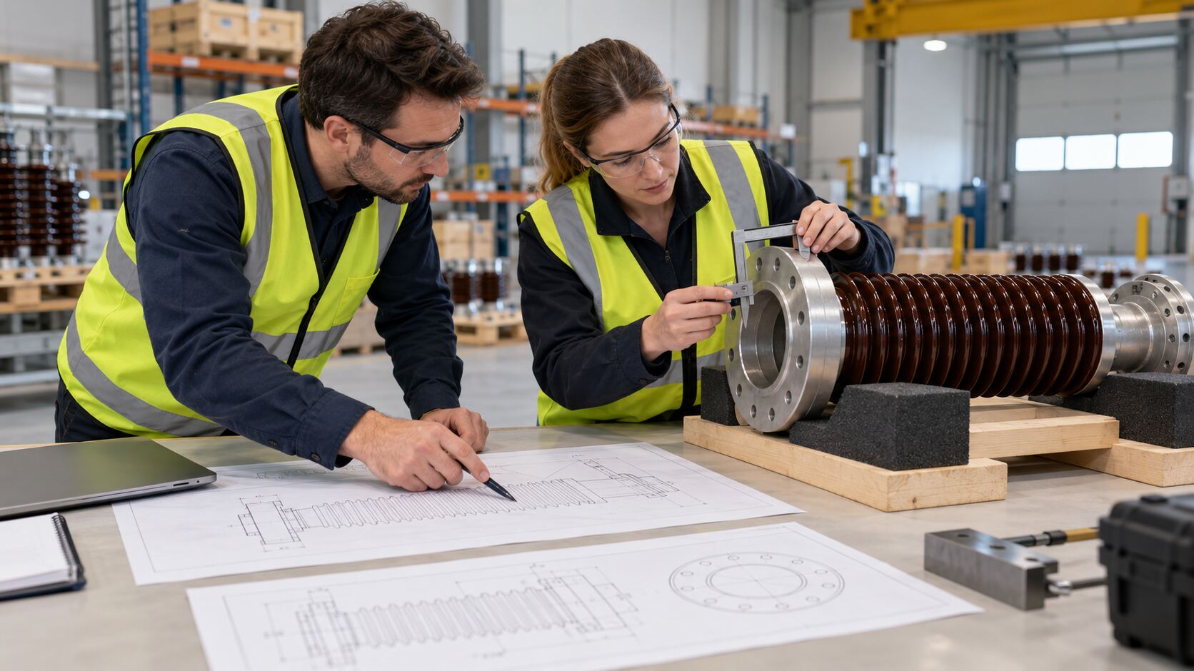 Spare bushing flange fit and drawing review Engineers checking spare bushing flange dimensions against outline drawings