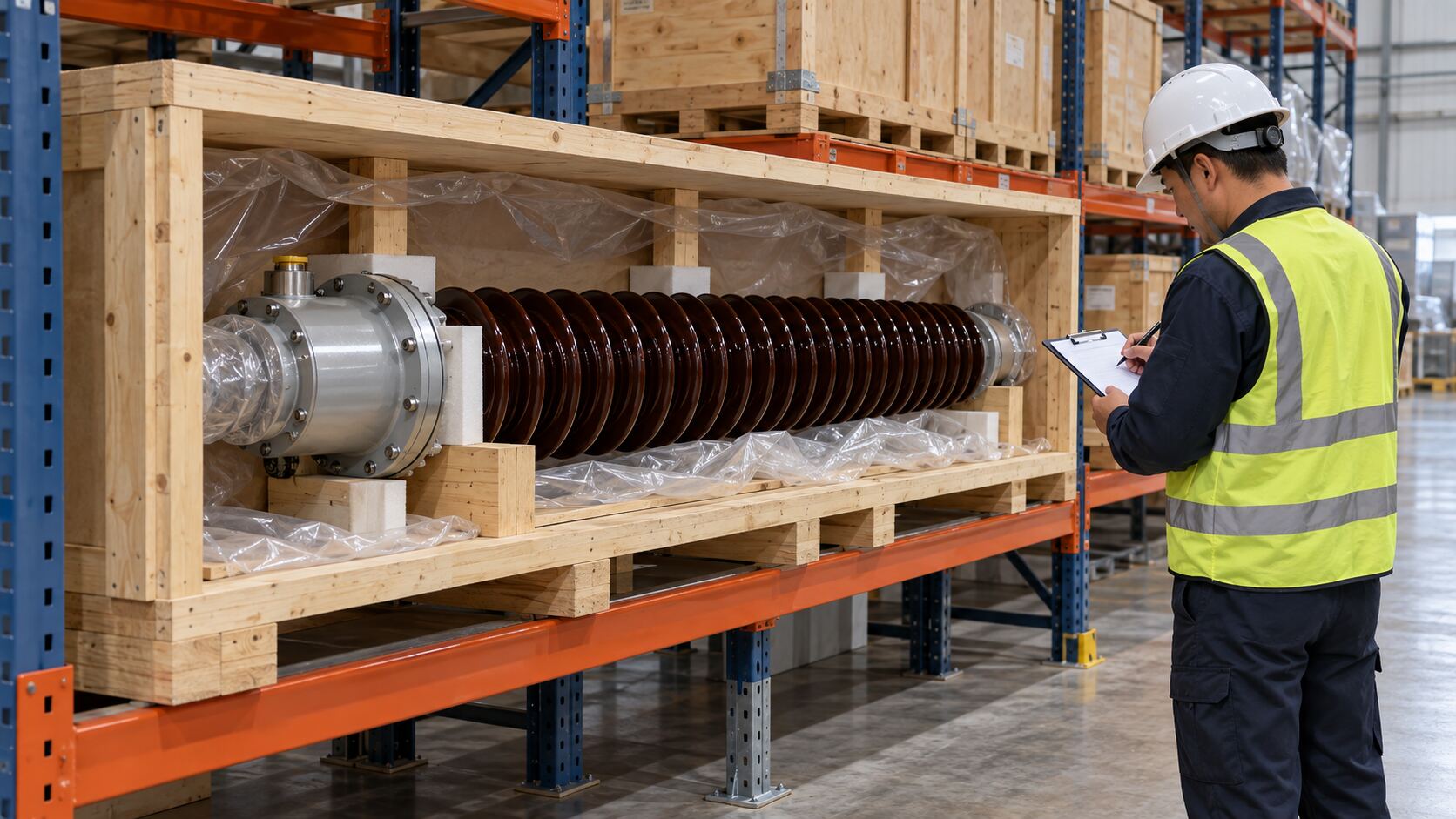 Spare transformer bushing warehouse preservation Protected spare transformer bushing on a warehouse rack during condition inspection