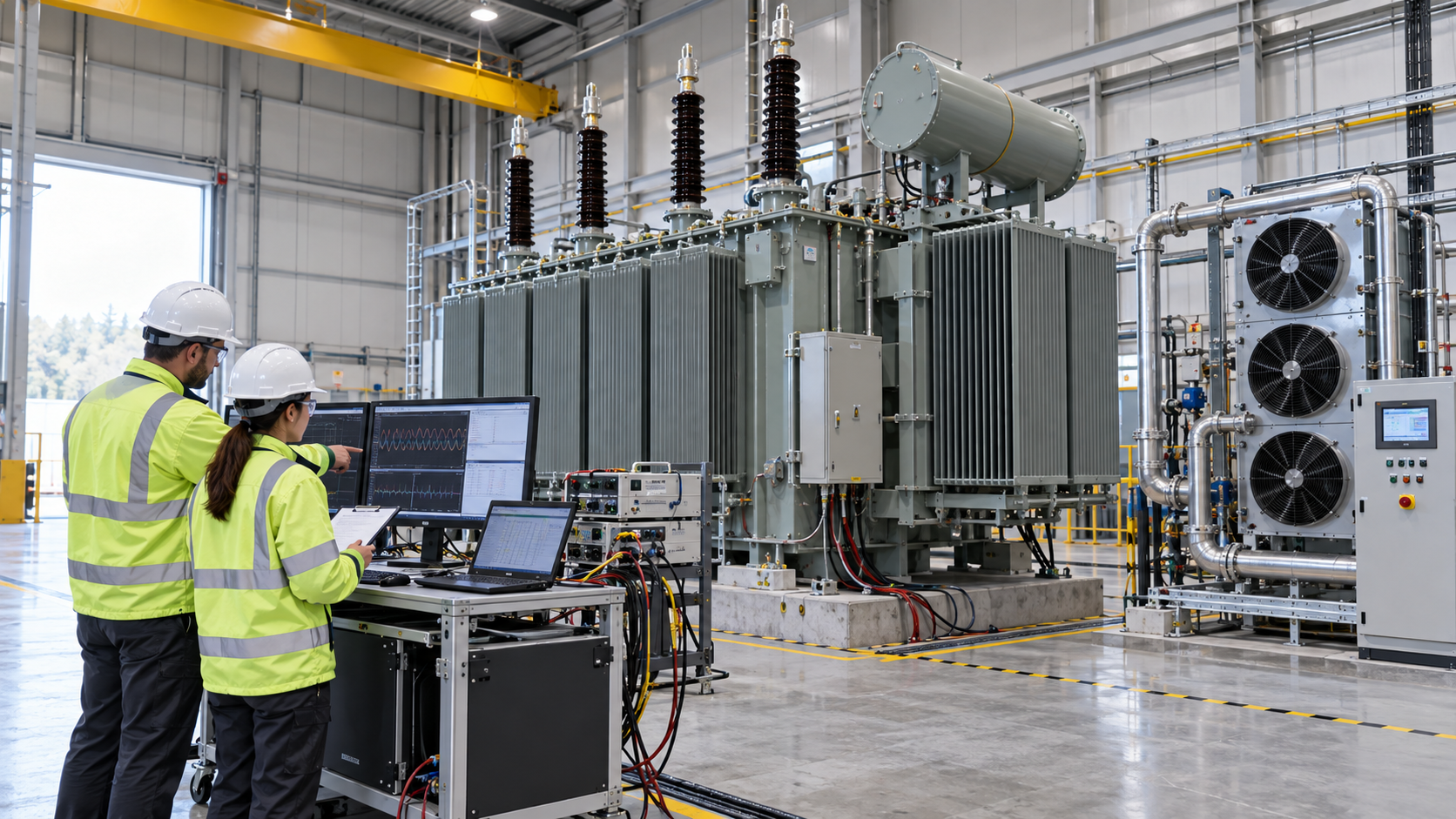 Data Center Transformer Factory Acceptance Test Engineers conducting factory acceptance tests on a data center transformer