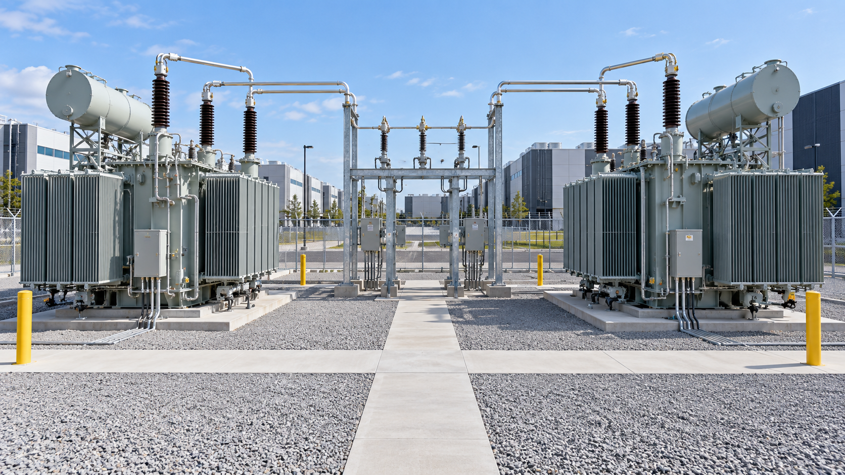 Data Center Transformer Redundancy and Bus Tie Two oil-immersed transformers serving redundant data center power paths