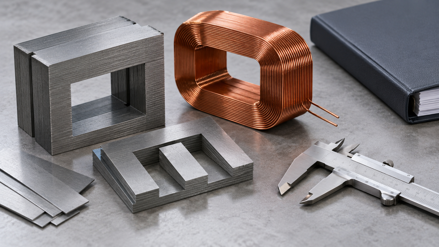 Transformer magnetic model inputs Transformer steel lamination and copper winding samples on an engineering review workbench