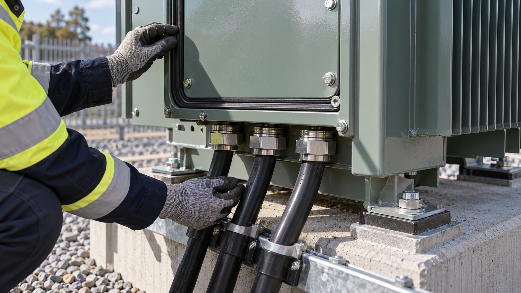 Transformer cabinet cable-entry sealing Inspection of a sealed cable entry on an outdoor transformer cabinet