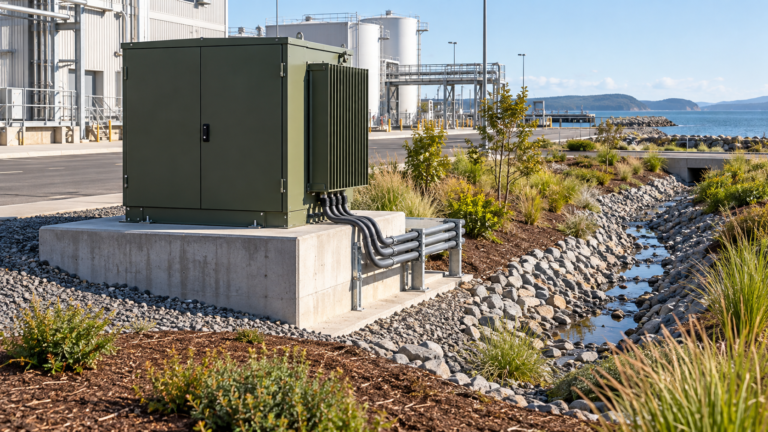 Elevated pad-mounted transformer with drainage channel at a coastal substation