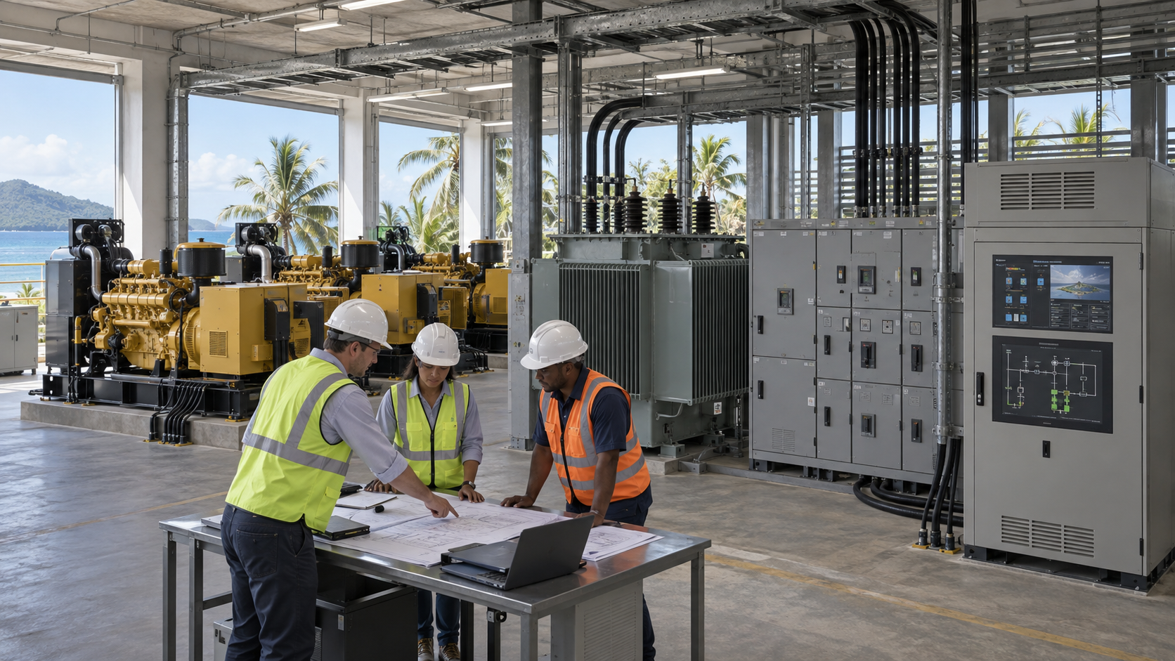 Island Grid Generator and Transformer Interface Engineers reviewing generator, transformer and switchgear interfaces for an island microgrid