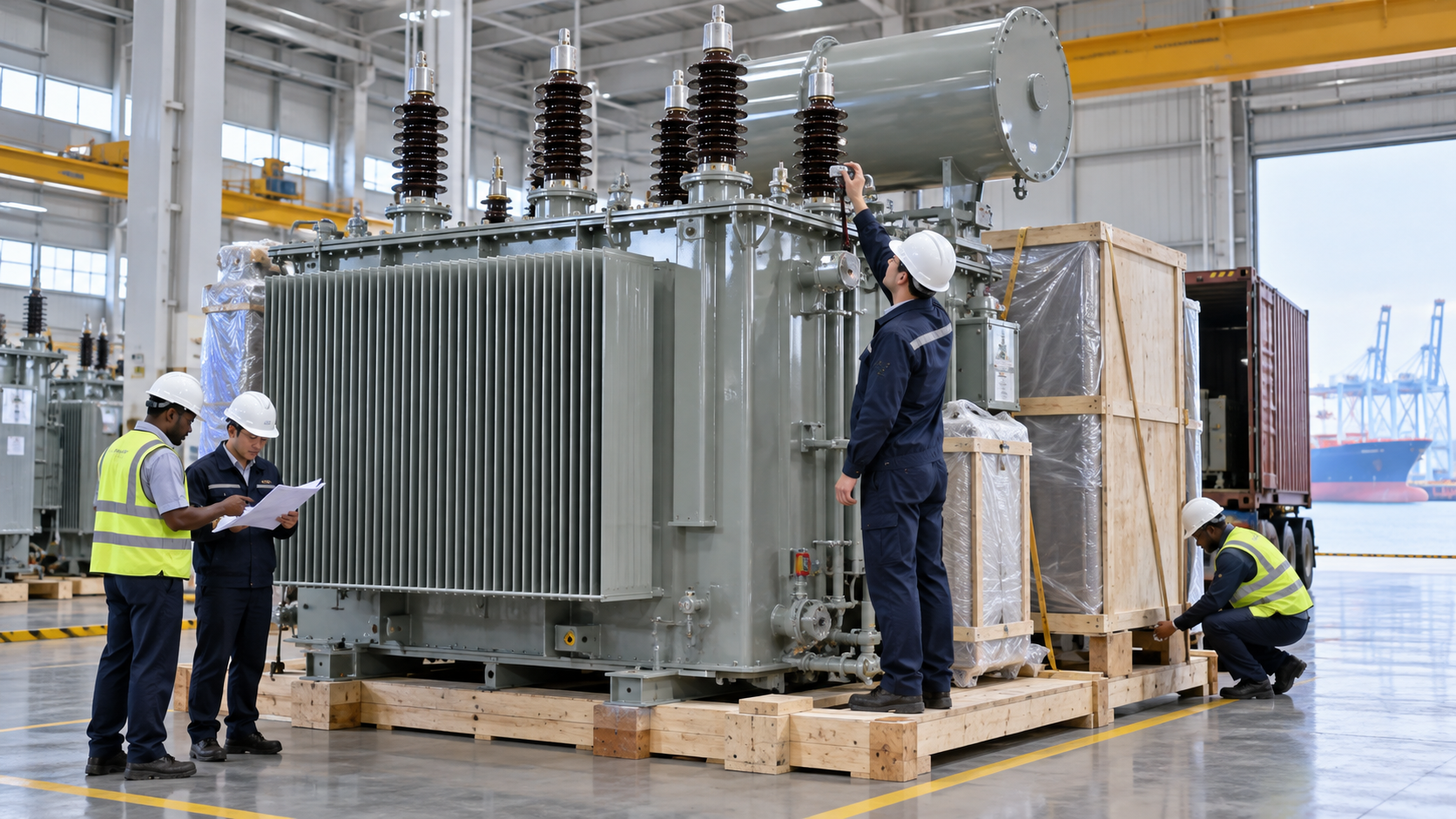 Factory acceptance inspection of a coastal service power transformer before shipment to Ghana