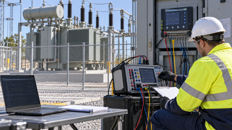 Technician commissioning transformer grounding protection with a relay test set