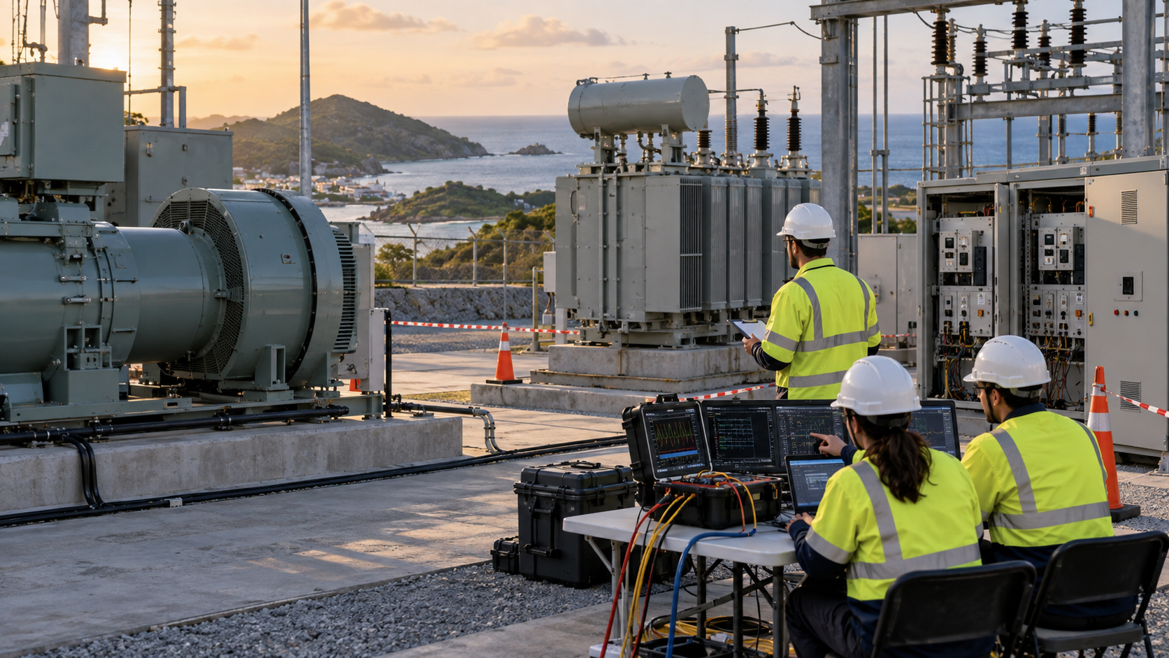 Island Grid Black-Start Commissioning Test Engineers monitoring a controlled island grid black-start and voltage stability commissioning test