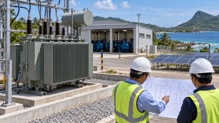 Oil-immersed transformer at a tropical island utility with generators and solar power