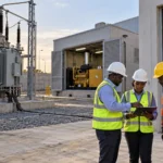 Engineers reviewing a transformer and generator connection at an industrial power site