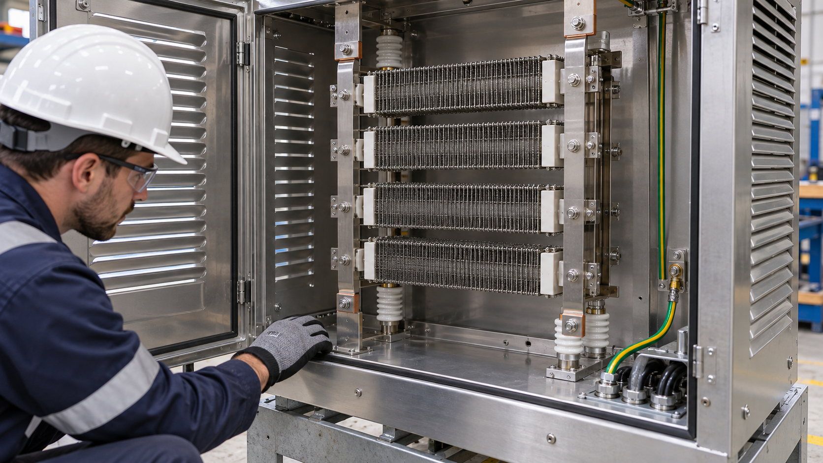 Neutral Grounding Resistor Inspection Neutral grounding resistor enclosure opened for component inspection
