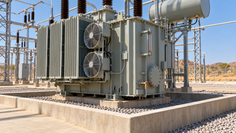 Oil-immersed transformer with accessible sampling valve and containment curb