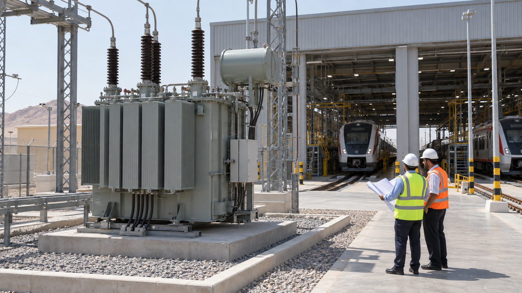 Revisión de las especificaciones de los transformadores de las instalaciones ferroviarias Revisión de las especificaciones de los transformadores de la estación ferroviaria, junto a un taller de mantenimiento