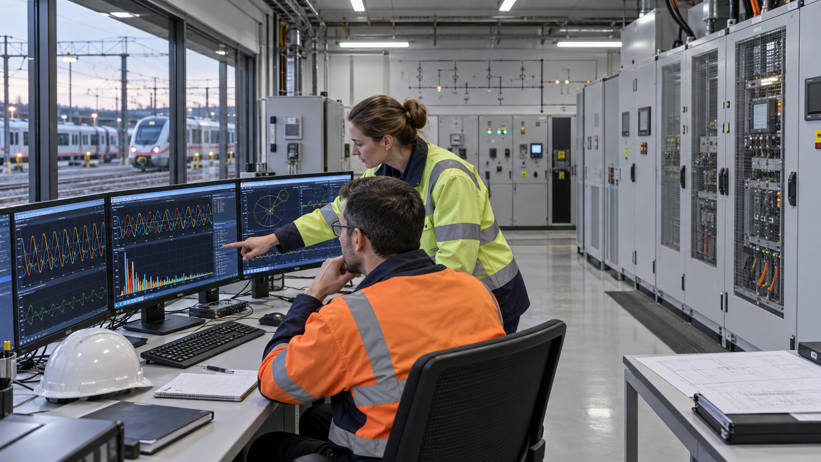 Revisión de la carga armónica en el depósito ferroviario Ingenieros que analizan las formas de onda armónicas de las cargas eléctricas de una estación de tren