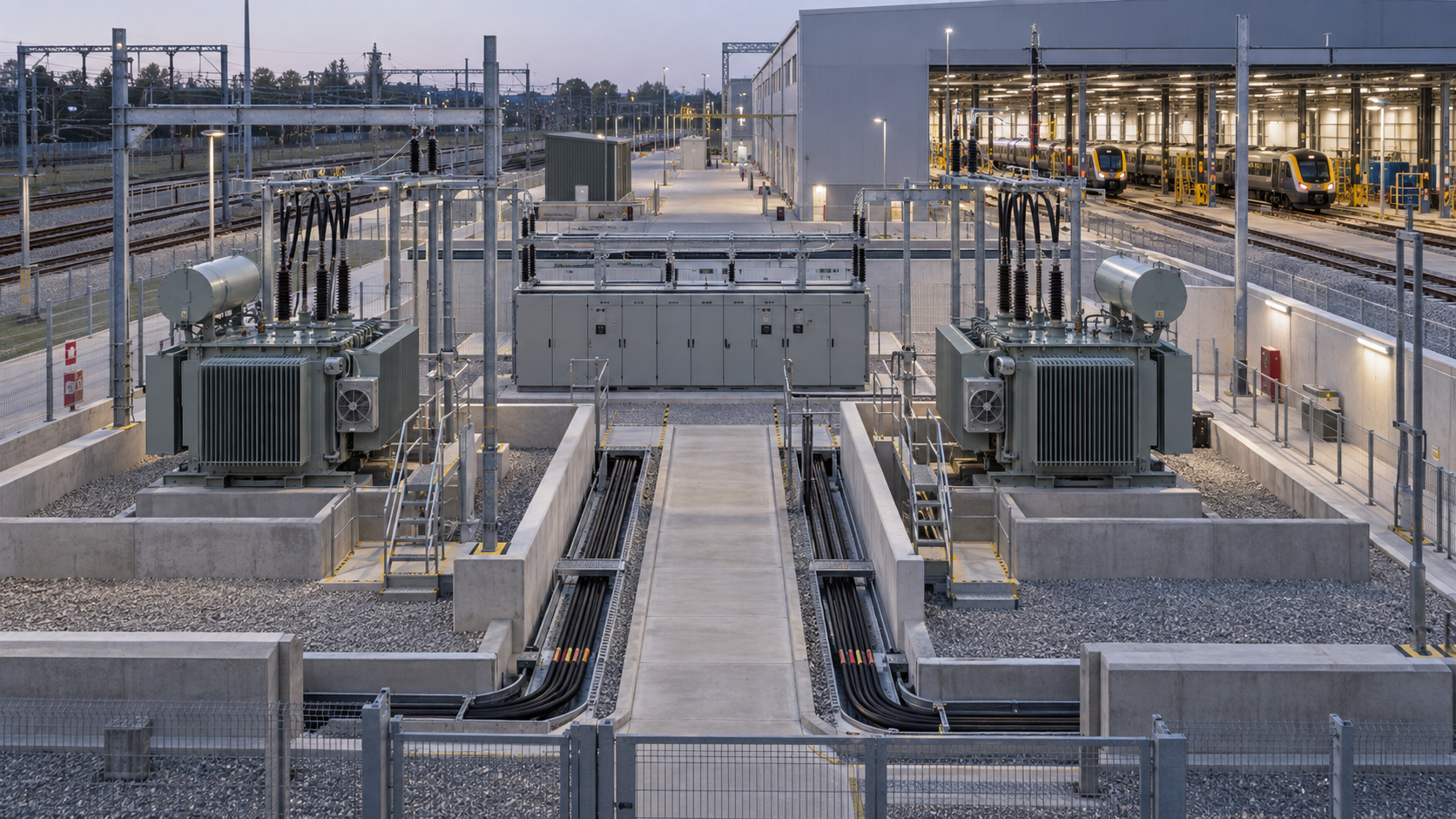 Redundancia de los transformadores en las instalaciones ferroviarias Sala eléctrica de una estación ferroviaria dividida en secciones con redundancia de transformadores