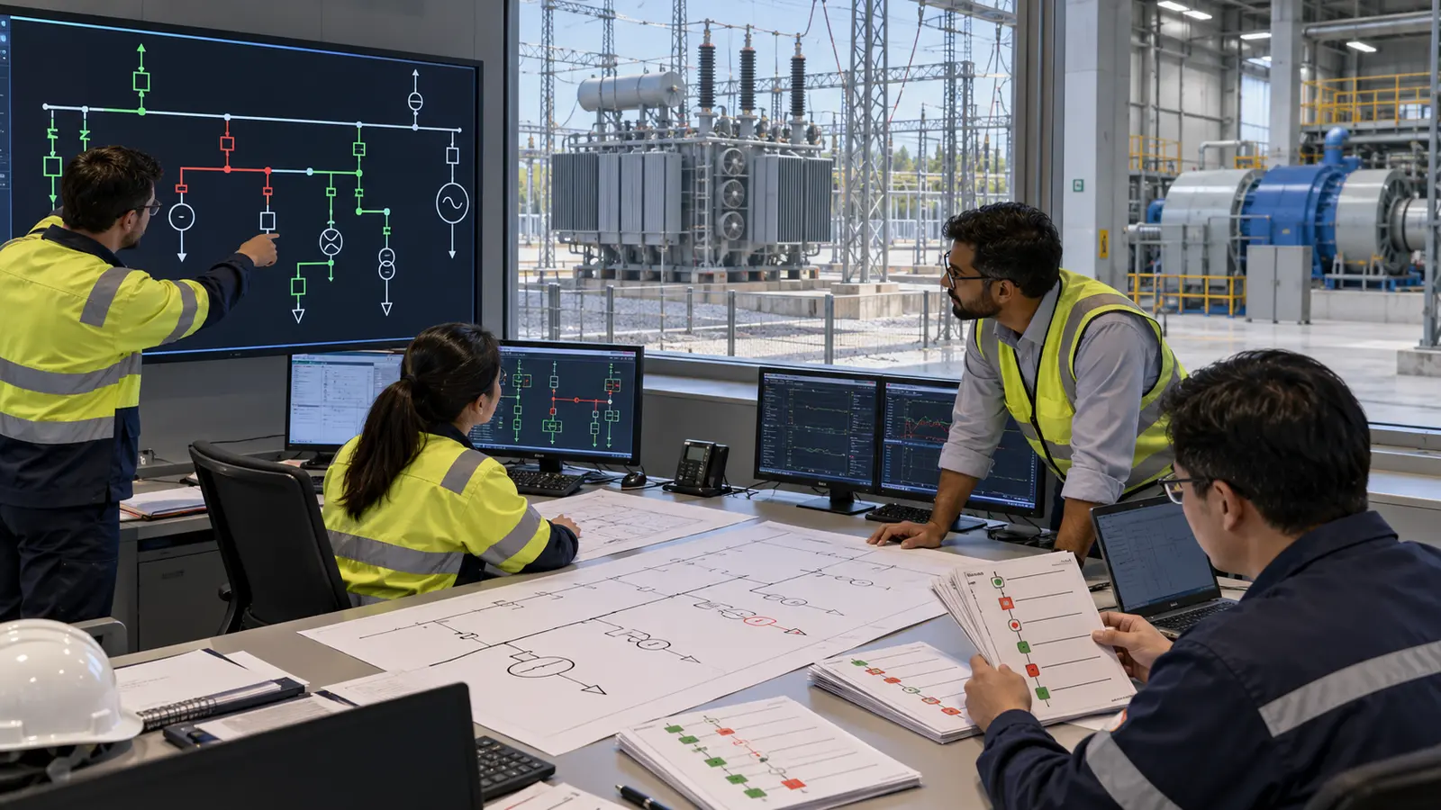Industrial Power Restoration Control Room Engineers reviewing power restoration sequence in an industrial control room