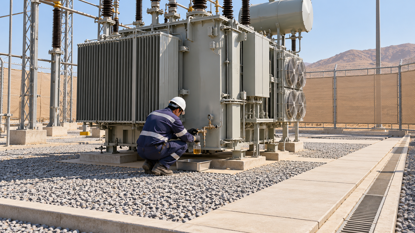 Transformer Oil Sampling Access for African Industrial Sites: Valve Layout, Containment and Handover 4 Technician working beside an oil-immersed transformer with a clear maintenance walkway