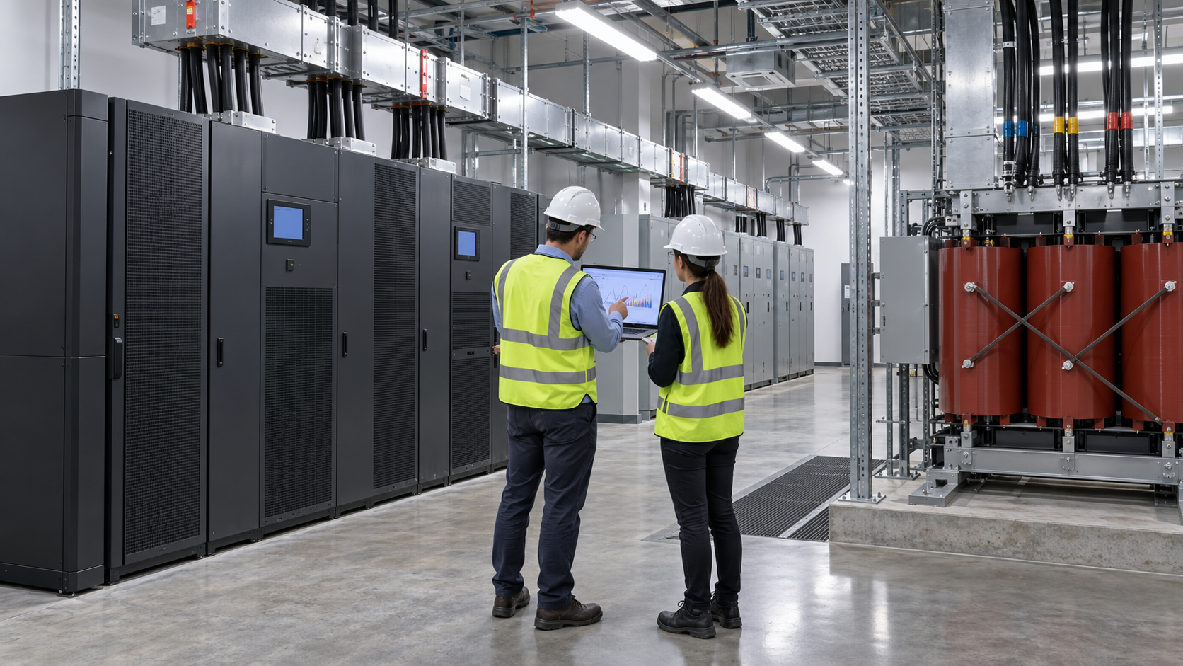 UPS Harmonic Load Review for Data Center Transformers Engineers reviewing UPS harmonic load data beside a data center transformer