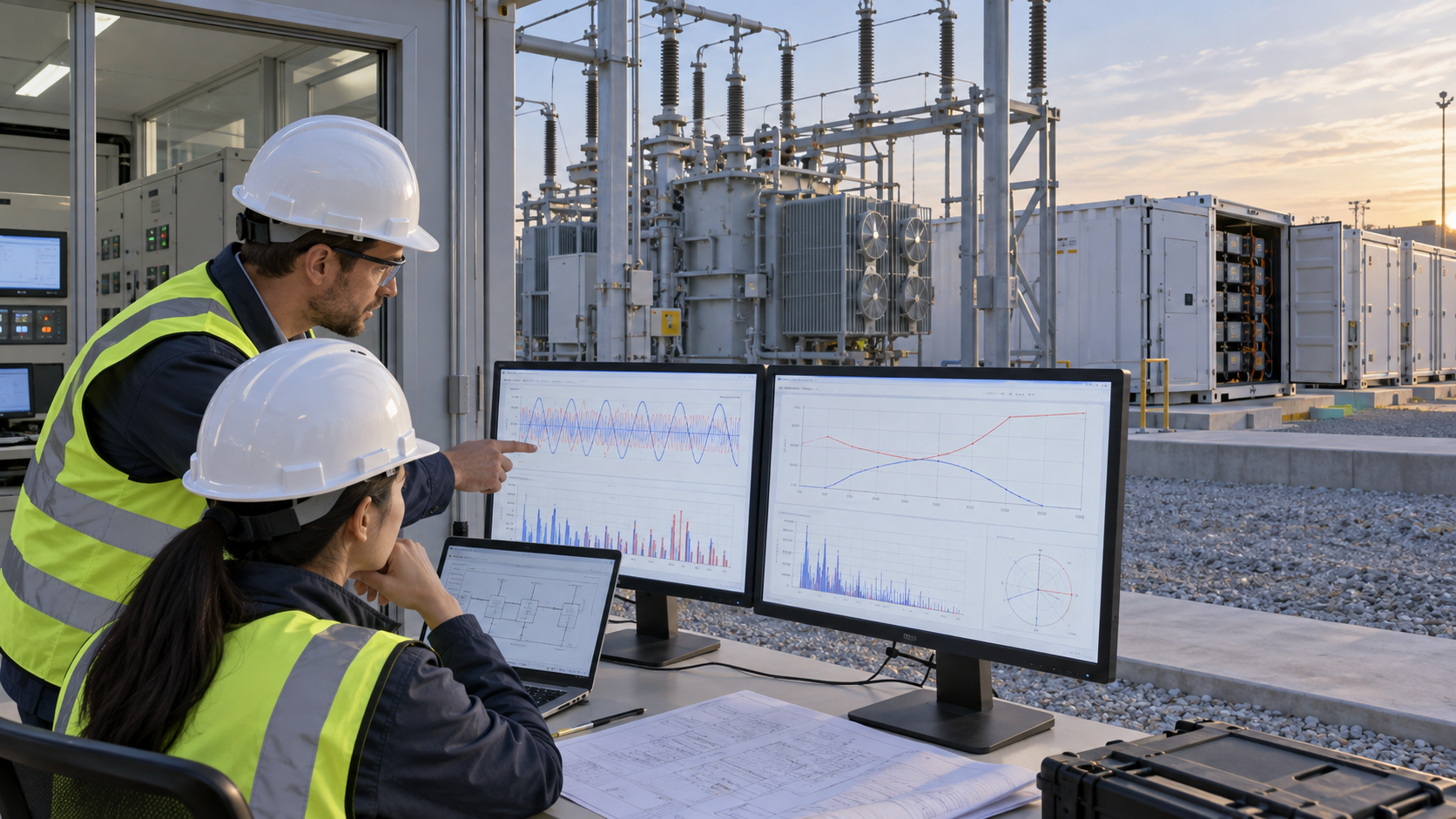 BESS Bidirectional Power and Harmonic Review Engineers reviewing bidirectional power flow and harmonic data for a BESS transformer