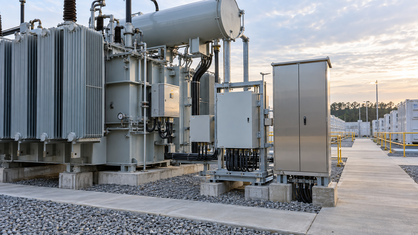 BESS Transformer Cooling and Cable Interfaces Oil-immersed BESS transformer showing radiators cable boxes and marshalling cabinet