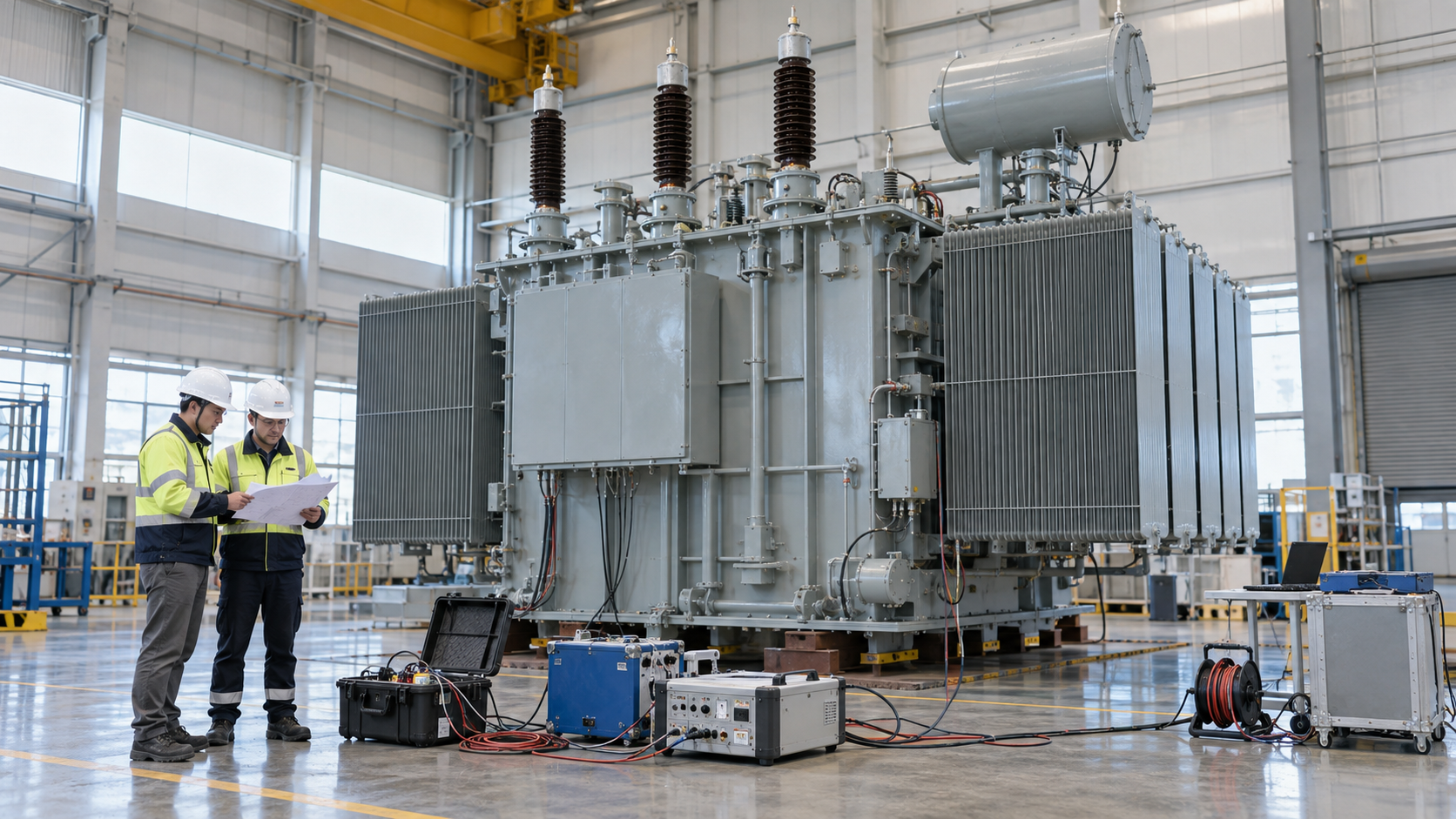 BESS Transformer Factory Acceptance Review Engineers reviewing factory acceptance tests on an oil-immersed BESS transformer