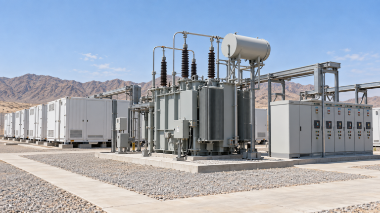 Oil-immersed transformer connecting battery energy storage containers at an arid industrial site