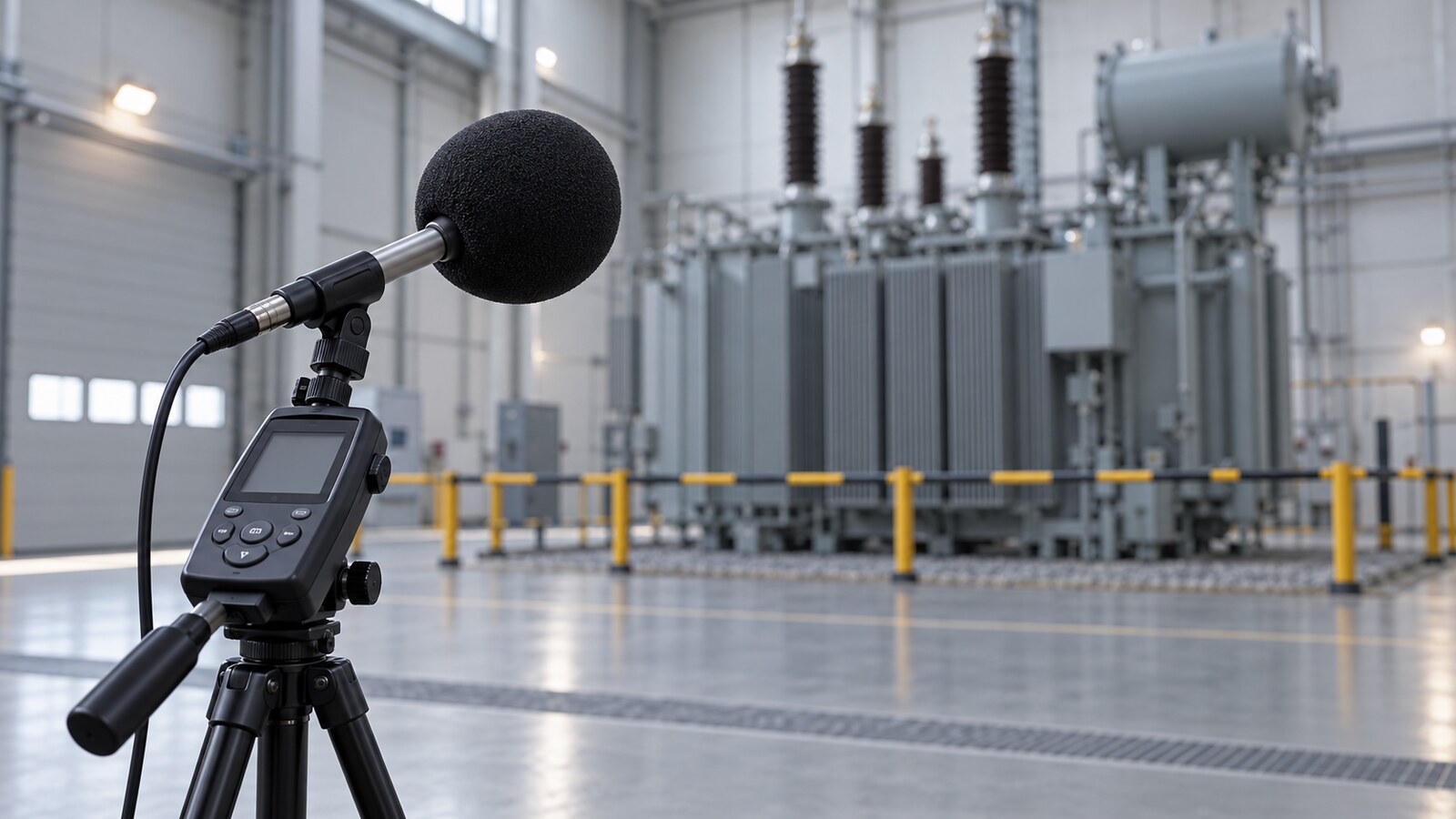 Transformer Acoustic Measurement Equipment Concept illustration of acoustic measurement equipment in a transformer test hall