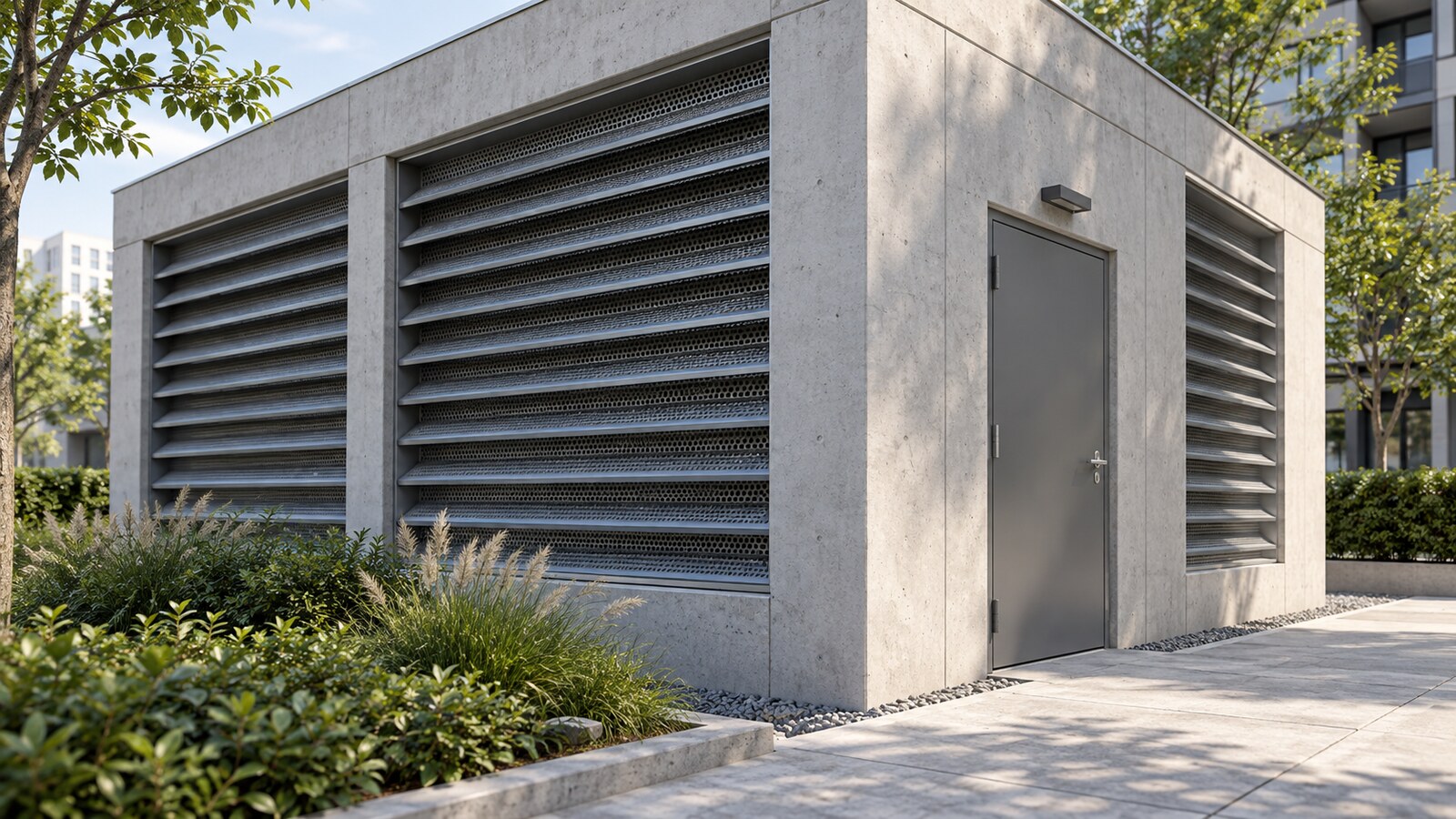 Transformer Room Acoustic Ventilation Concept illustration of acoustic ventilation louvers on a transformer room