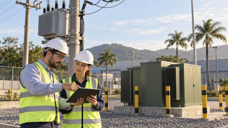Engineers reviewing distribution transformer efficiency requirements at a Brazilian industrial utility site