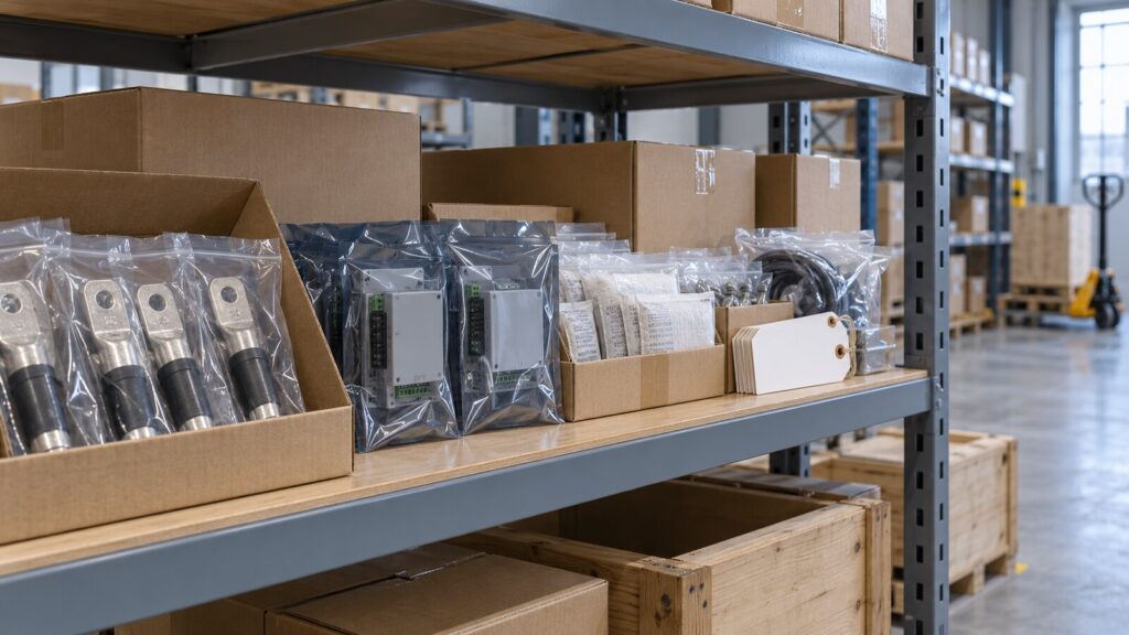 Concept illustration of packaged transformer accessories and inventory tags on a warehouse shelf