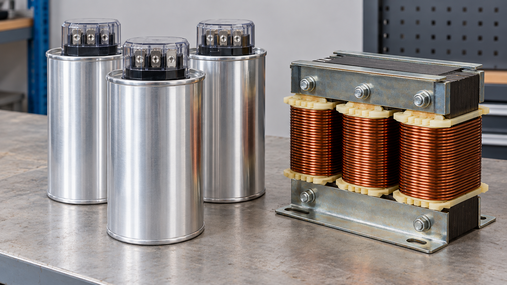 Three cylindrical power capacitors beside a separate three-phase reactor on a workshop bench