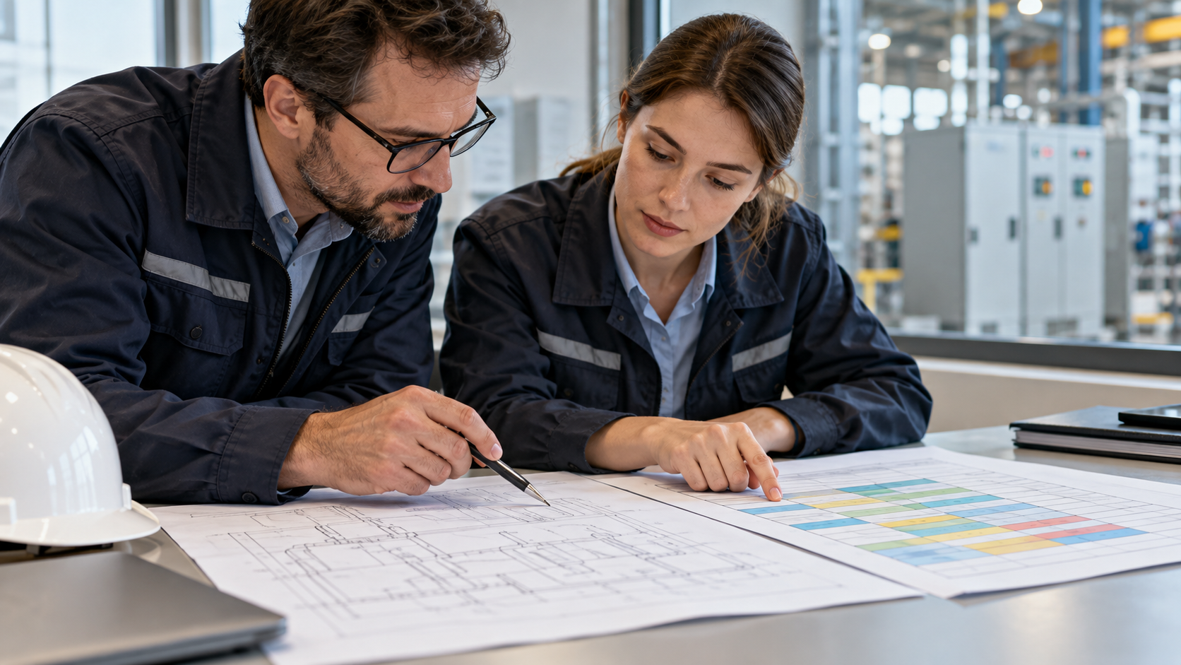 Two engineers comparing a schematic sheet and a colored project review table