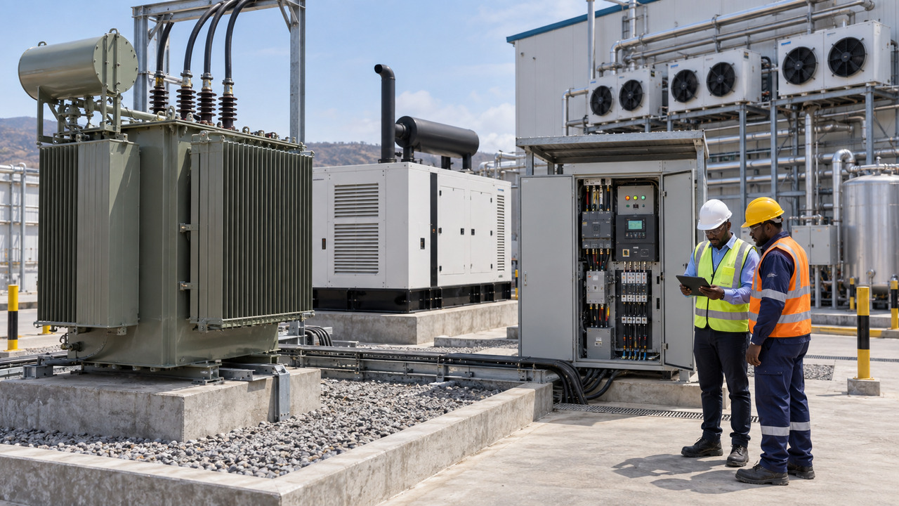 Cold Storage Generator Transfer and Restart Engineers reviewing standby generator transfer and staged refrigeration compressor restart beside an oil-immersed transformer