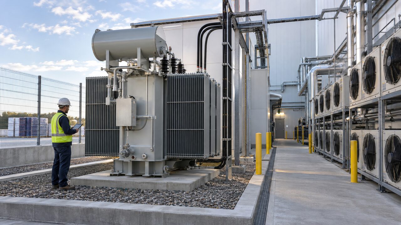 Cold Storage Transformer Cooling Arrangement Oil-immersed transformer beside refrigeration condensers with clear maintenance and cooling access