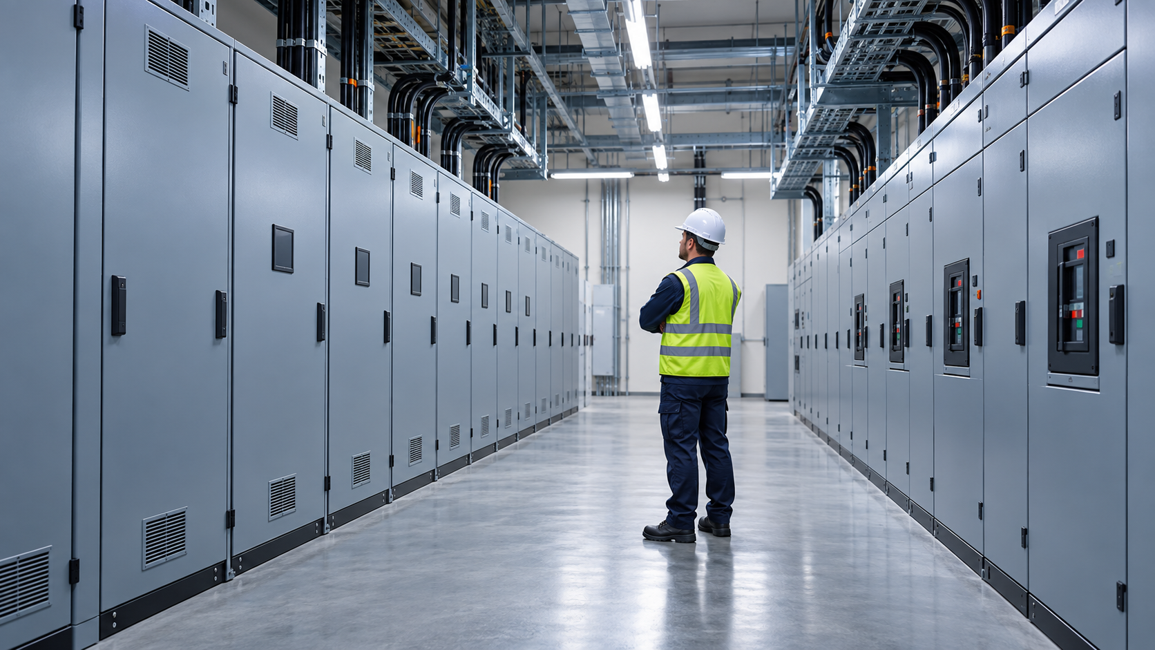 Engineer reviewing closed electrical cabinets along a clear switchroom access aisle
